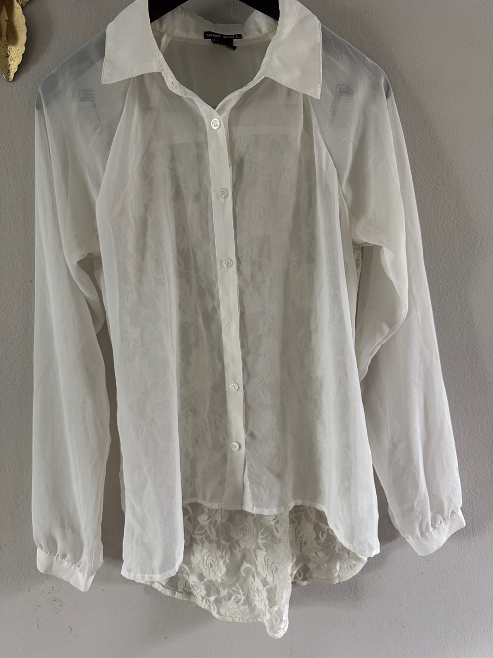 Wet Seal White Sheer Lace-Back Button-Down Blouse
